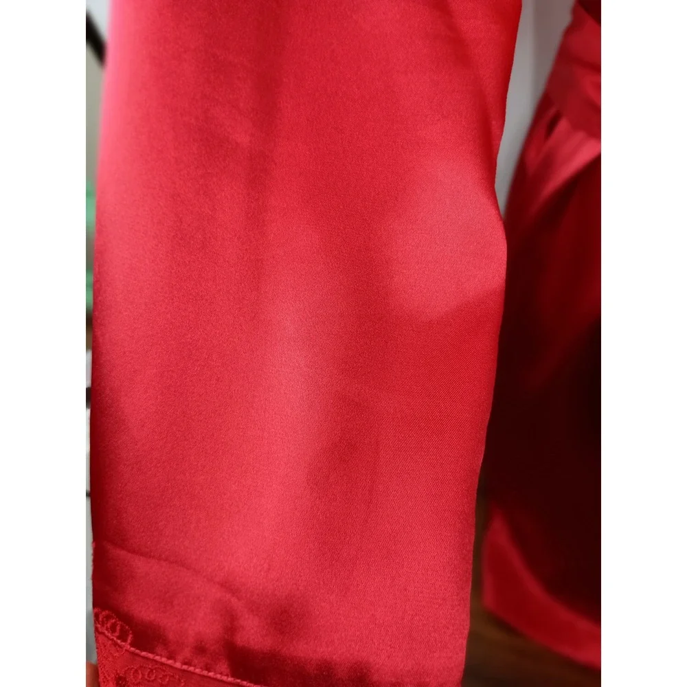 vintage S Red satin belted luxury lace‎ robe valentines date night loungewear